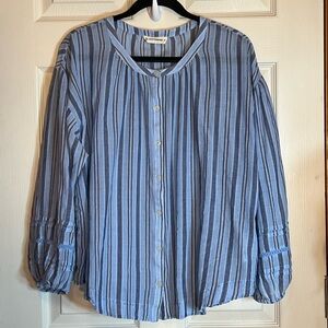 Lucky Brand Blue Striped Peasant Blouse Women’s Sz XL EUC Button Front 3/4 Slv